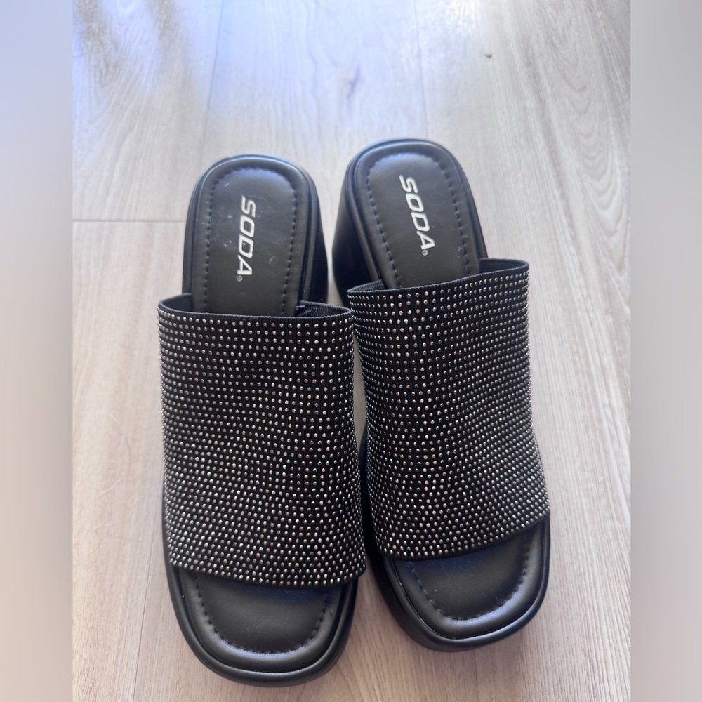 Soda Black Rhinestone Women's Mules